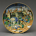 Dish depicting the Trojan Horse, Maiolica (tin-glazed earthenware), Italian, Urbino