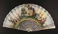 Fan, Hand-colored etching on paper, hand-colored parchment; mother-of-pearl, gilded, beads, French