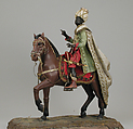 Brown horse, Polychromed terracotta body; wooden legs and tail; velvet covered wooden saddle; satin saddle blanket fringed with metallic thread; gold threaded girth with gilt buckles; silver martingale; gold braided mane and reins; silver braided bridle and silver stirrups, Italian, Naples