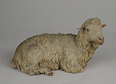 Seated sheep, Possibly by Nicola Vassalo, Polychromed terracotta body, wooden ears, Italian, Naples