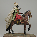 Moorish king, Polychromed terracotta head and wooden limbs; body of wire wrapped in tow; satin, silk and velvet garments; silver and gold metallic thread; glass buttons; coral beads and pearls; silver-gilt crown, Italian, Naples