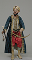 King's attendant, Giuseppe Gori (active ca. 1770–1810), Polychromed terracotta head and wooden limbs; body of wire wrapped in tow; cotton and satin garments with silver and gold metallic thread; velvet belt backed with leather; brass sword; wooden and ivory staff; glass stones on turban, Italian, Naples