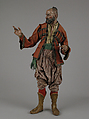 King's attendant, Attributed to Giuseppe Sanmartino (Italian, 1720–1793), Polychromed terracotta head and wooden limbs; body of wire wrapped in tow; silk and satin garments with silver and gold metallic thread; brass dagger in velvet sheath, Italian, Naples
