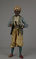 King's attendant, Giovanbattista Polidoro (Italian), Polychromed terracotta head and wooden limbs; body of wire wrapped in tow; silk garments with silver and gold metallic thread; silk and cotton turban; metal dagger in leather sheath, Italian, Naples