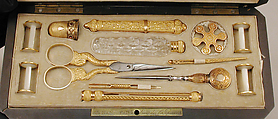 Nécessaire, Tahan, Stained wood, gilt metal, gold, crystal, steel, rubies, French, Paris