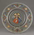 Renaissance-style dish with Christ and Four Evangelists, Probably Società Anonima per Azioni Salviati & C. (Italian, 1866–1872), Glass: blown, enameled and gilded, Italian, Venice (Murano)