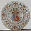 Renaissance-style dish with Christ and Four Evangelists, Probably Società Anonima per Azioni Salviati & C. (Italian, 1866–1872), Glass: blown, enameled and gilded, Italian, Venice (Murano)
