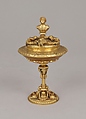 Tazza with cover, After an original by Benvenuto Cellini (Italian, Florence 1500–1571 Florence), Chalcedony, gold mount, British, after Italian, Florence original