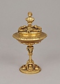 Tazza with cover, After an original by Benvenuto Cellini (Italian, Florence 1500–1571 Florence), Chalcedony, gold mount, British, after Italian, Florence original