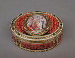 Snuffbox with scene of two maids and cupid at altar of love, Les Frères Souchay (Swiss, active Hanau, by 1764), Gold, enamel, German, Hanau