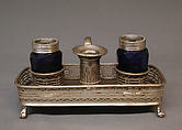 Inkstand, Richard Morton and Co., Sheffield plate, glass, British