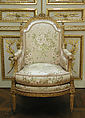 Armchair (Bergère à la reine) (one of a pair) (part of a set), Jean-Baptiste-Bernard Demay (1759–1849, master 1784), Carved and gilded walnut, modern silk lampas, French