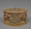 Tea caddy (one of a pair), Pine base, cover; paper, silk, British