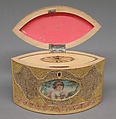 Tea caddy (one of a pair), Pine base, cover; paper, silk, British