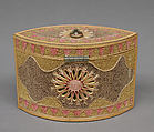 Tea caddy (one of a pair), Pine base, cover; paper, silk, British