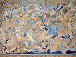 The Abduction of Helen from a set of The Story of Troy, Probably based on a woodcut by Bernard Salomon (French, ca. 1508–ca. 1561), Cotton, embroidered with silk and gilt-paper-wrapped thread, pigment, Chinese, Macao