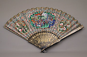 Fan, Painted cloth, ivory, silk, lacquered wood, metal stud and ring, French