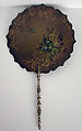 Handscreen (one of a pair), Black lacquered, painted and gilded papier-mâché with turned gilt-wood handles, British