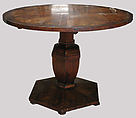 Table, Solid pine wood (top, plinth and inner column), solid walnut (outer column), walnut and burr walnut veneer; iron and steel., Austrian