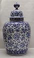 Vase with cover (part of a garniture), Lambertus van Eenhoorn (Dutch, 1651–1721)  , factory director in 1691, Tin-glazed earthenware, Dutch, Delft