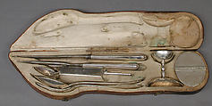 Traveling set in leather case, Silver, partly gilded, steel, tooled leather, Hungarian