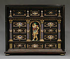 Cabinet with gold mounts and relief, After a design by Reinhold Vasters (German, Erkelenz 1827–1909 Aachen), Pine and walnut veneered with ebony; gold, enamel, diamonds, rubies, German, Aachen