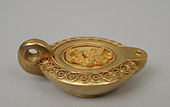 Byzantine-revival pendant in the form of an oil lamp, Castellani, Gold; glass; fabric, Italian, Rome