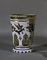 Beaker, Harrachsche Hütte, White overlay glass, cut, polished, enameled, and gilt, Bohemian, Neuwelt (Nový Svet) with Prague decoration