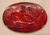 Ino with her infant Melicerta on the back of a dolphin, Carnelian and gold, Italian