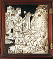 Miniature collector's cabinet, Ivory drawer decoration after a composition by Bernard Salomon (French, ca. 1508–ca. 1561), Dyed and gold-tooled leather on secondary woods pine, poplar, pear, yew; veneers of ivory, mother-of-pearl, pear, plum, ebony, rosewood, holly, ash, green stained poplar; gilded metal; reverse-painted glass, German, possibly Nuremberg