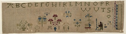 Embroidered sampler, Linen and silk on linen, Dutch