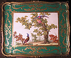 Eating and work table (one of a pair), Table attributed to Bernard II van Risenburgh (ca. 1696–ca. 1767), Oak, vernis Martin, gilt bronze, soft-paste porcelain, French, Paris and Sèvres and British, Stoke-upon-Trent