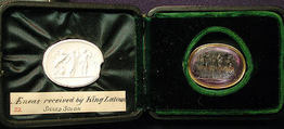 Chryseis with an attendant bearing presents, praying to Menelaus to restore his daughter, Amethyst and gold, probably Italian