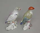 Pair of parakeets, Chelsea Porcelain Manufactory (British, 1744–1784), Soft-paste porcelain, British, Chelsea