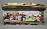 Snuffbox with gallant and two ladies on lid, stag hunt on sides, Enameled copper, British, possibly South Staffordshire, possibly Birmingham