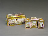 Tea caddy (part of a set), White enamel on copper painted in polychrome enamels, British, South Staffordshire