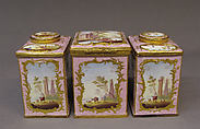 Tea caddy (part of a set), White enamel on copper painted in polychrome enamels, British, South Staffordshire