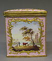 Sugar canister (part of a set), White enamel on copper painted in polychrome enamels, British, South Staffordshire