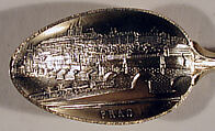 Souvenir spoon with view of Prague, Silver-gilt, enamel, European