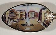 Souvenir spoon with view of plaza and fountain, Silver-gilt and enamel, European