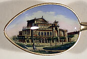 Souvenir spoon with a Dresden building (possibly General Post Office) and finial in form of postage stamp, Silver gilt, enamel, European