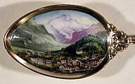 Souvenir spoon with view of town (Interlaken?) surrounded by mountains, Silver-gilt, enamel, European