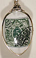 Souvenir spoon with green postage stamp and postmark for Wiesbaden, Silver-gilt, European