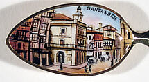 Souvenir spoon with view of a street scene and finial in form of a postage stamp, Gilt and enamel, European