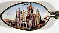 Souvenir spoon with view of the Cathedral in León and finial in form of a postage stamp, Gilt and enamel, European