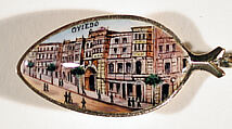 Souvenir spoon with street scene in Oviedo and finial in form of a postage stamp, Gilt and enamel, European