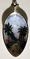 Souvenir spoon with view of a long avenue and finial in the form of a postage stamp, Gilt and enamel, European