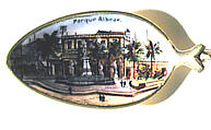 Souvenir spoon with view of Parque Albear and finial in form of a postage stamp, Gilt and enamel, European