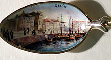 Souvenir spoon with view of a harbor and finial in form of a postage stamp, Gilt and enamel, European