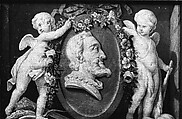 Bust of Henri IV in oval medallion with blue ground supported by two cupids, French Painter  , 18th century, Oil on canvas, French